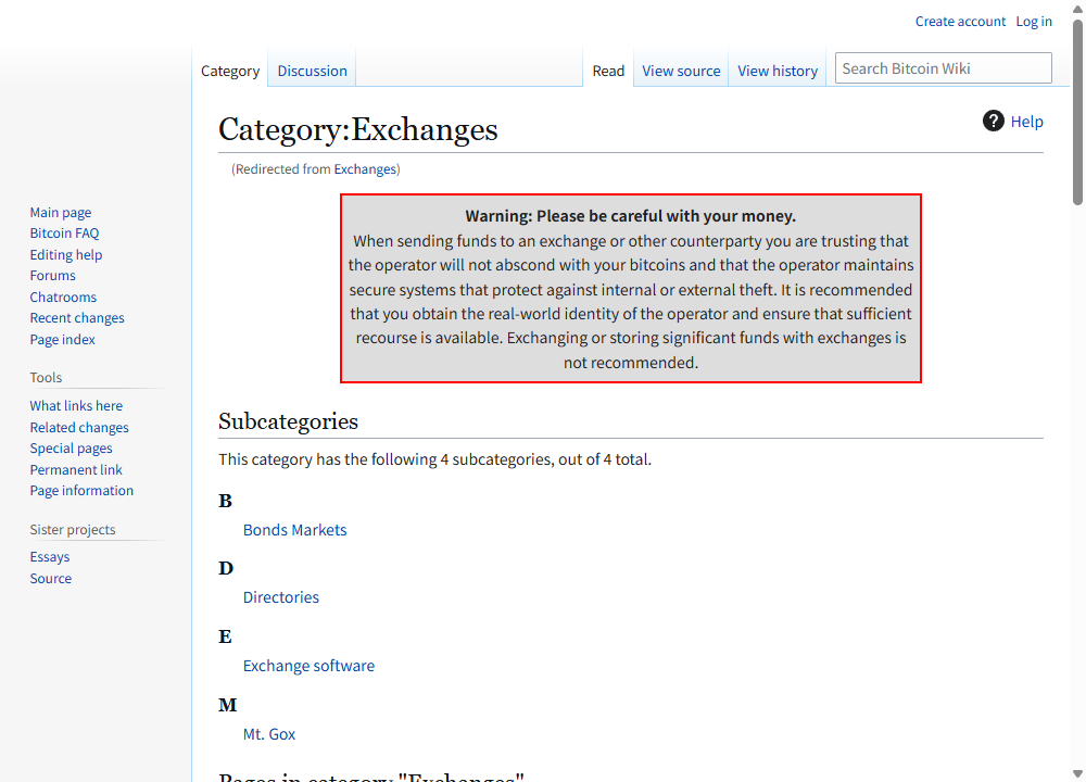 Bitcoin Wiki 交易所分类页顶部的风险警告：向交易所转入资金意味着信任运营方不会卷款、并能维持防内外盗窃的安全系统