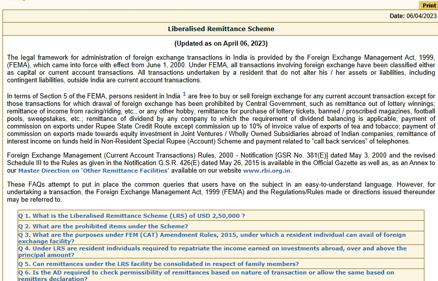 Screenshot of the Reserve Bank of India FAQ page on the Liberalised Remittance Scheme, updated as on April 06, 2023, with its introduction on the FEMA framework and a question list that opens with the LRS limit of USD 2,50,000