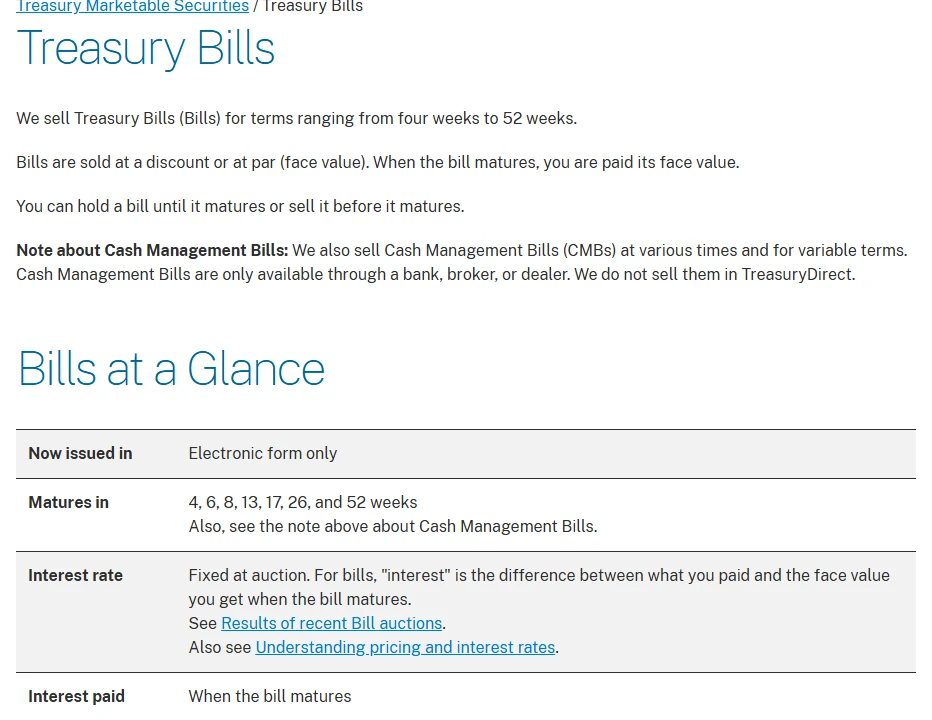 Screenshot of the TreasuryDirect Treasury Bills page: bills are sold for terms from four weeks to 52 weeks, you can hold a bill until it matures or sell it before, and the Bills at a Glance table lists terms of 4, 6, 8, 13, 17, 26 and 52 weeks