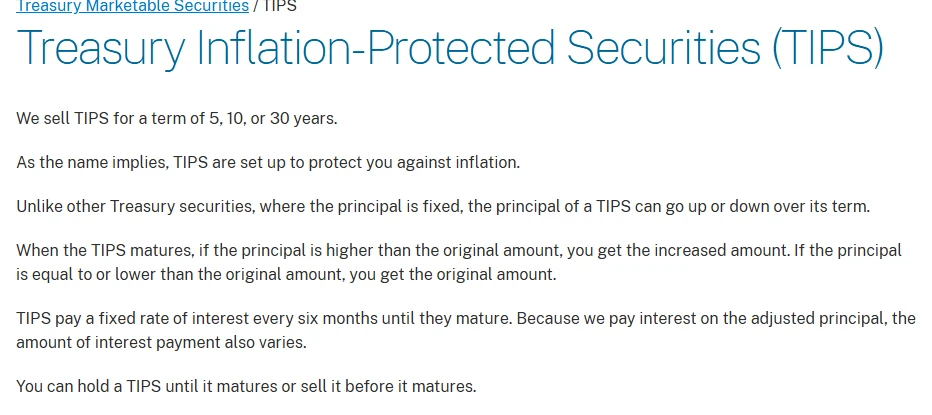 TreasuryDirect 的 TIPS 页面截图：TIPS 期限为 5 年、10 年或 30 年，本金在存续期内可升可降，到期时按调整后本金与原始本金中较高的一个偿还，每六个月付一次固定利率的利息